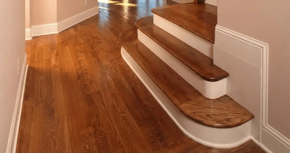 Base floor of a staircase with professionally restored wood flooring in Pembroke Pines FL