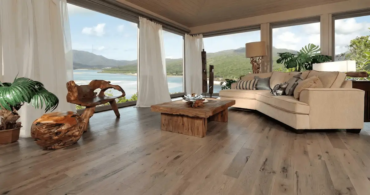 Professionally installed vinyl flooring in a modern living room with large windows in Pembroke Pines, FL